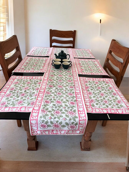 Pink Floral Green Leaf Pure Cotton Rajasthani Handblock Table Runner and Mats set of 6