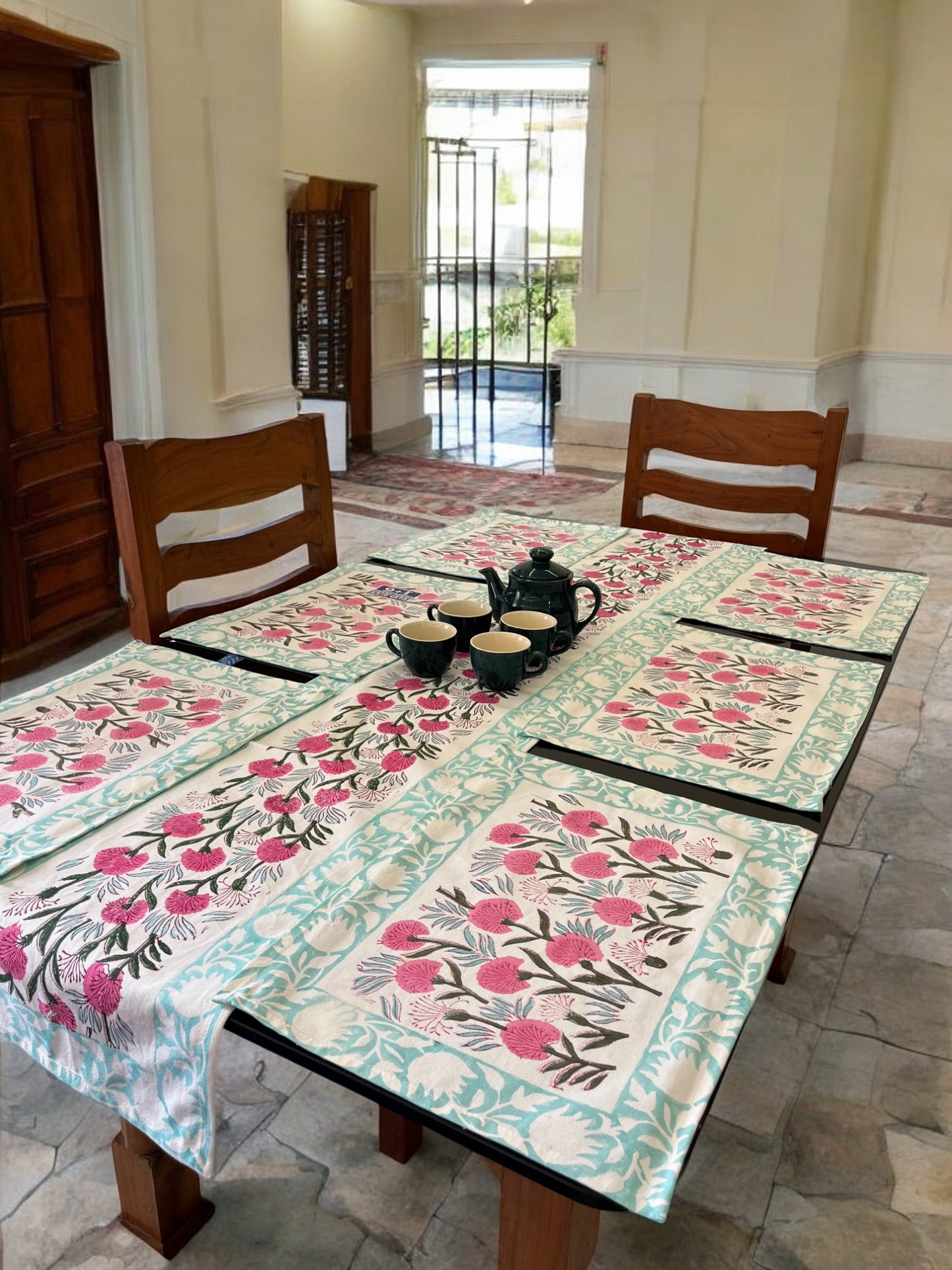 Sea Green Pink Floral Pure Cotton Rajasthani Handblock Table Runner and Mats Set of 6