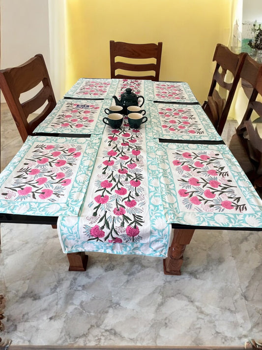 Sea Green Pink Floral Pure Cotton Rajasthani Handblock Table Runner and Mats Set of 6