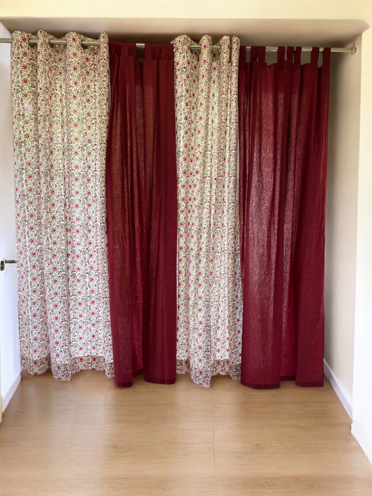 Cotton Floral Curtains White and Maroon (Set of 2)