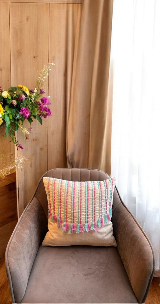 Peach Homes Beige Jute Based Frill Cushion Cover