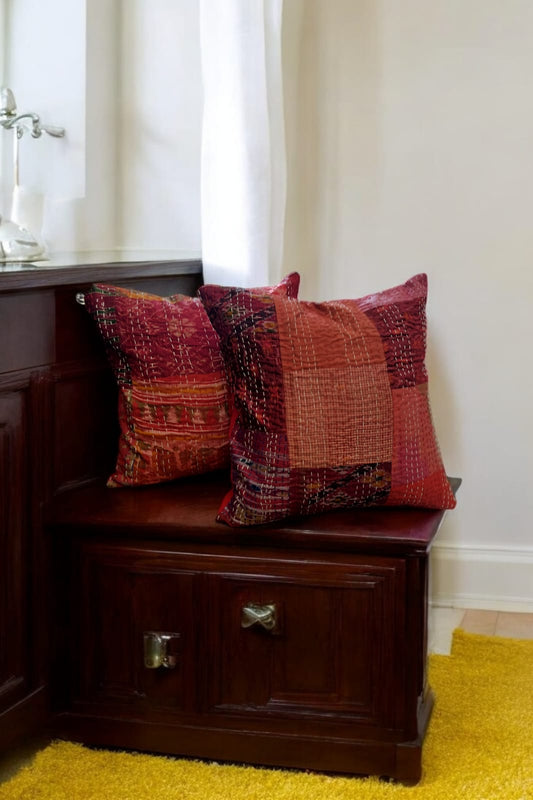 Red silk patchwork cushion cover SET OF 2