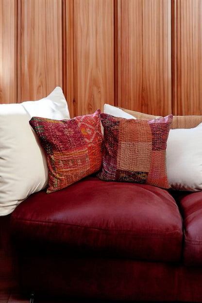 Red silk patchwork cushion cover SET OF 2