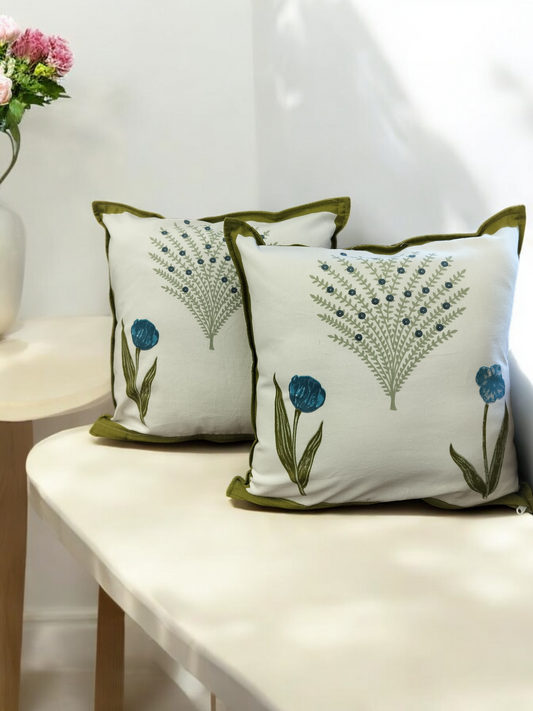 Green and White Quilted Handblock Cushion Covers – Set of 2