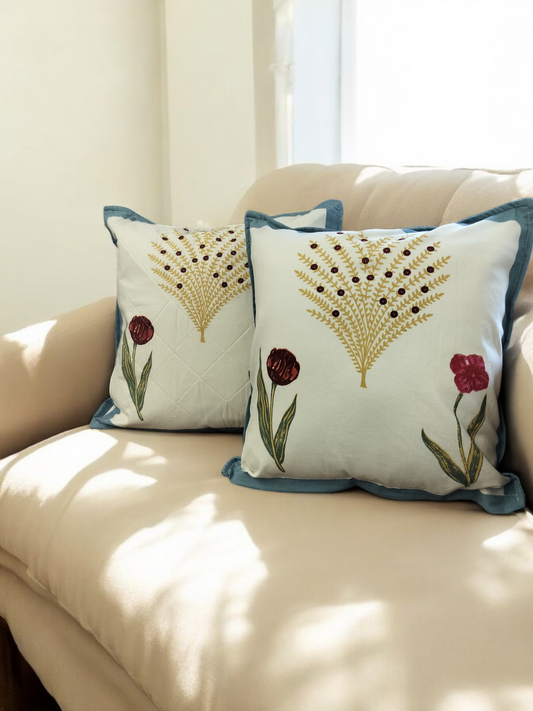 Quilted Handblock Cushion Cover Set of 2 (Blue and White)