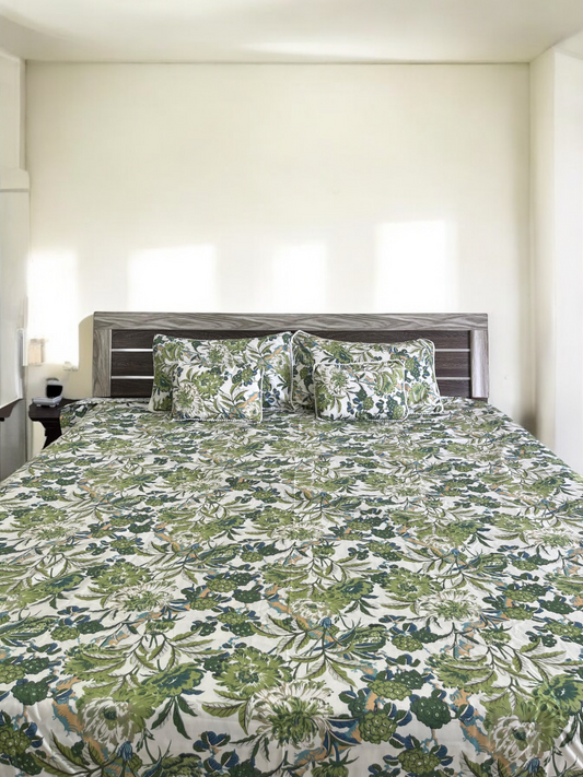 Green Garden Double Bedsheet with 2 Frill Pillows and 2 Cushion Covers