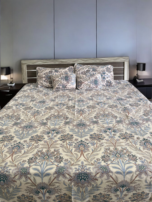 Blue Floral Print Double Bedsheet with 2 Frill Pillows and 2 Cushions