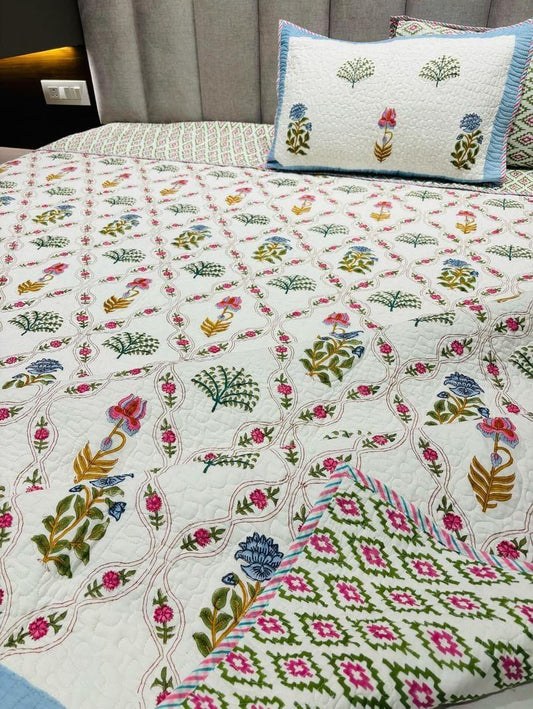 Handblock Quilted Reversible Floral Bedcover with 2 Pillow Covers