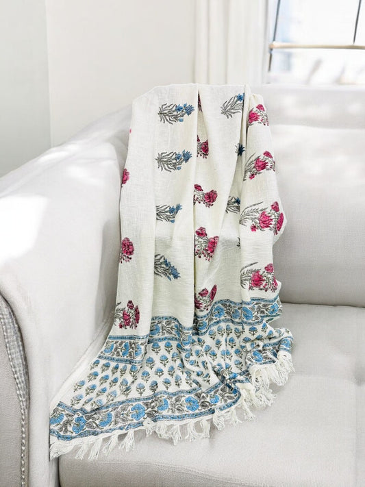 Pink and Blue Bunch of Floral Premium Handblock TNT Throws
