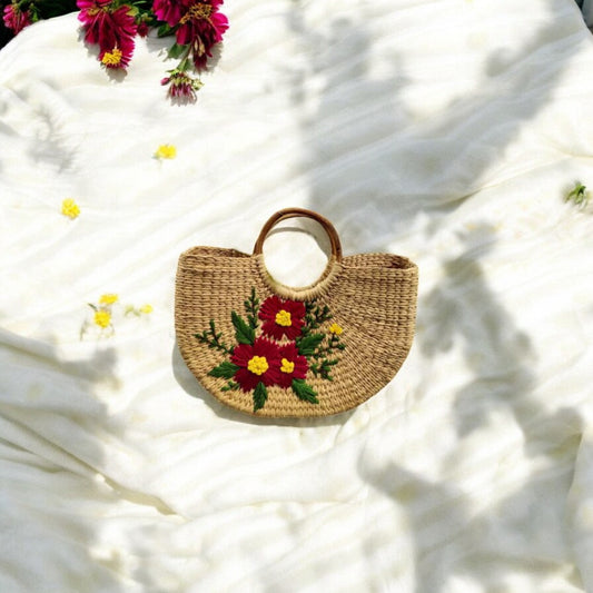 Kauna Knitted Embroidery Red Floral Handbag