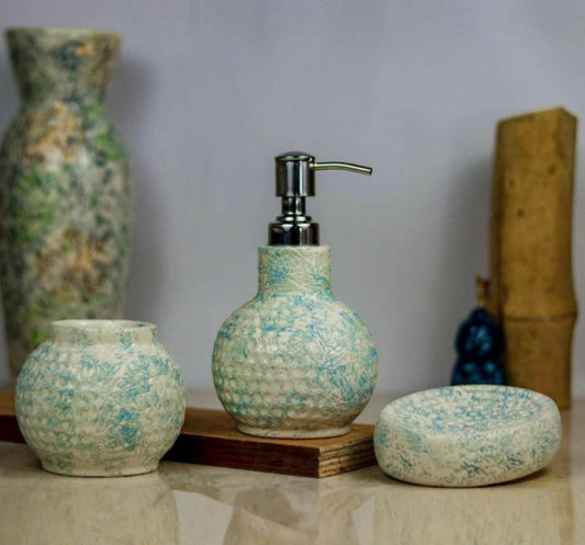 Beige and Green Floral Ceramic Bathroom Set – Elegant 3-Piece Bath Accessories