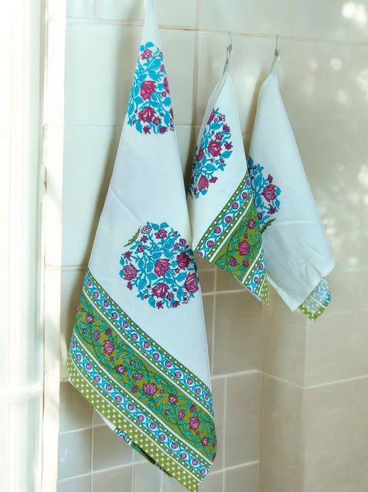 Blue and Green Floral Handblock Towels Set of 3