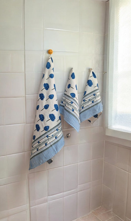 Light Blue Floral White Handblock Towels Set of 3 – Bath and Hand Towels for a Luxurious Experience