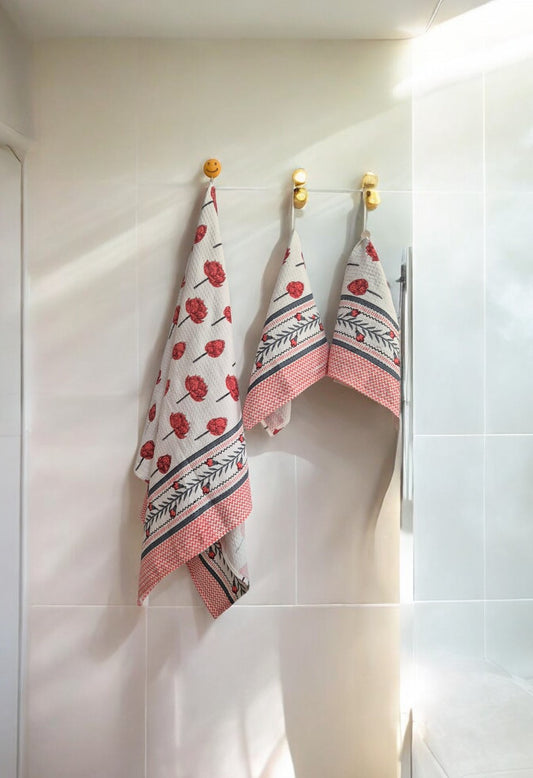 Light Pink Floral White Handblock Towels Set of 3 ( 1 Bath Towel, 2 Hand Towels)