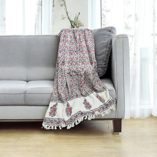 Red Floral White Color Premium Handblock TNT Throws