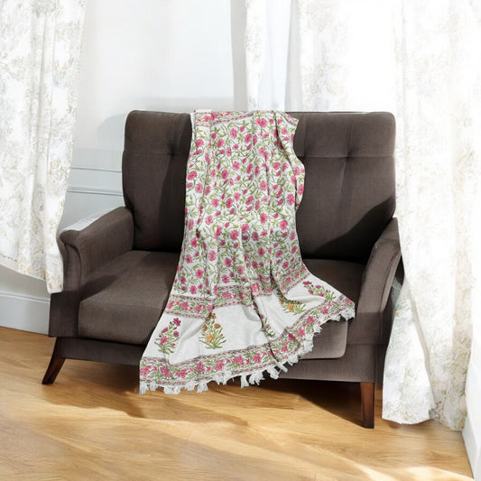 Pink Floral Beige Color Handblock TNT Throws