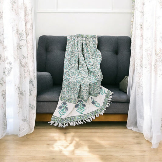 Green Floral White Color Premium Handblock TNT Throws