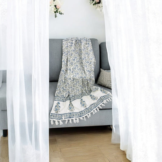 Premium Handblock TNT Throws Blue Green Floral, White