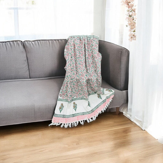 Green And Yellow Floral White Color Premium Handblock TNT Throws