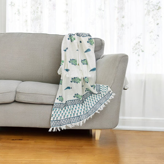 Premium White Sofa Throws TNT Blue Floral Handblock