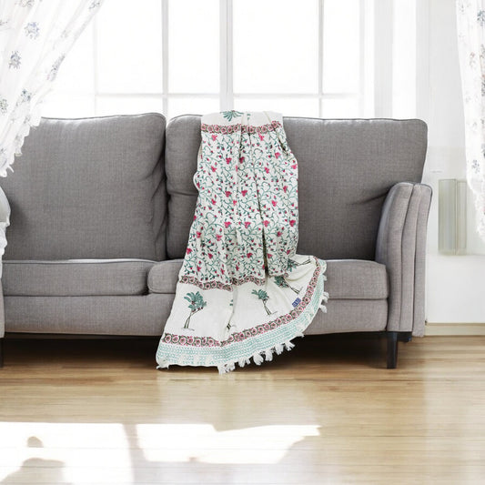 Pink and Green Floral White Color Premium Handblock TNT Throws