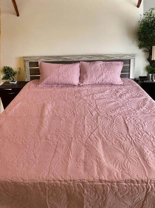 Pink Solid Quilted Cotton Bedcover with 2 Pillow Covers