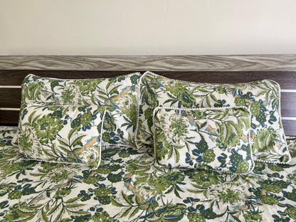 Green Garden Double Bedsheet with 2 Frill Pillows and 2 Cushion Covers