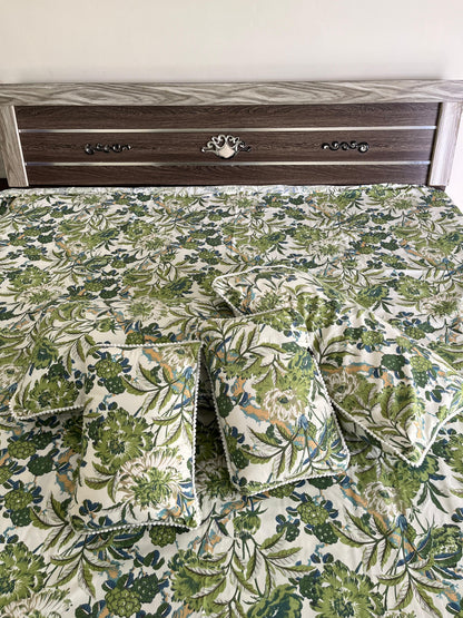 Green Garden Double Bedsheet with 2 Frill Pillows and 2 Cushion Covers