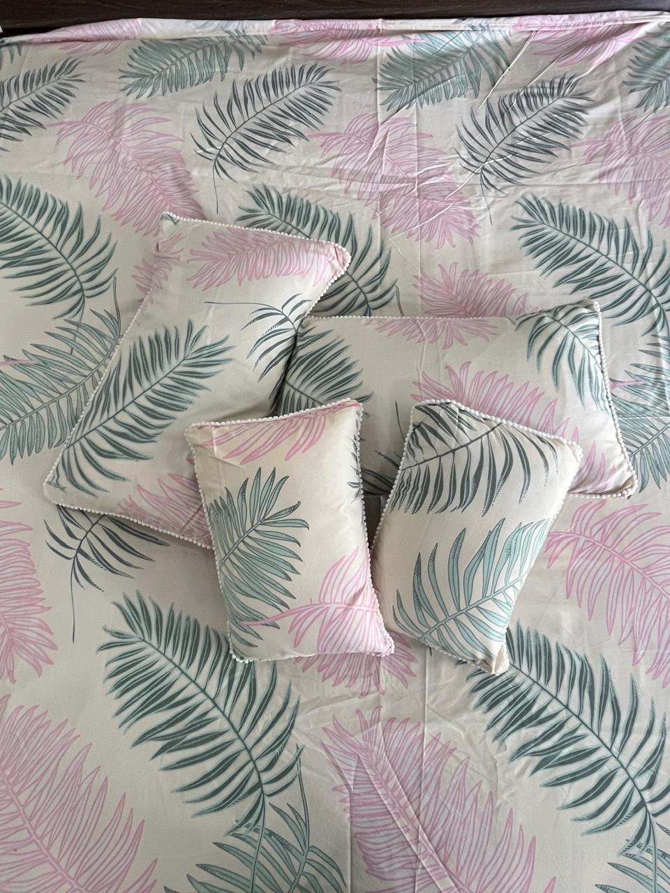 Pastel Pink and Green Double Bedsheet with 2 Frill Pillows and 2 Cushion Covers