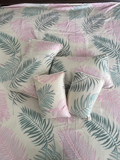 Pastel Pink and Green Double Bedsheet with 2 Frill Pillows and 2 Cushion Covers