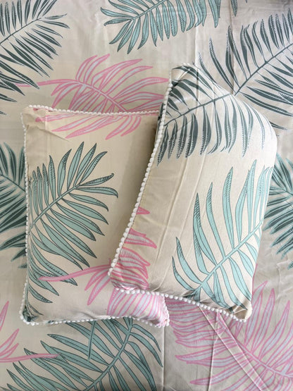 Pastel Pink and Green Double Bedsheet with 2 Frill Pillows and 2 Cushion Covers
