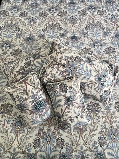 Blue Floral Print Double Bedsheet with 2 Frill Pillows and 2 Cushions