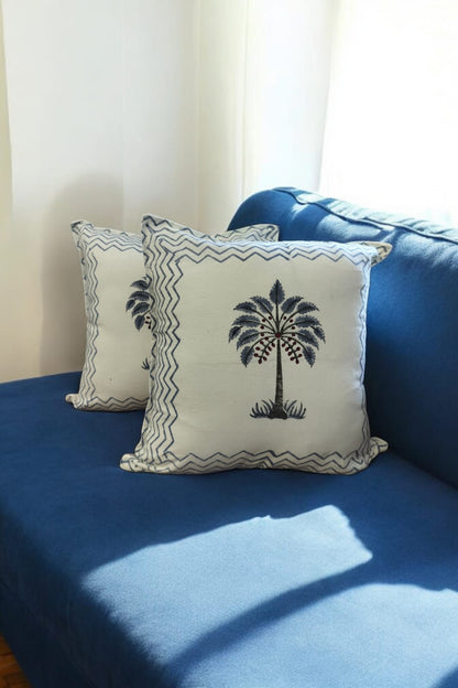 Handblock Cotton Cushion Covers (Blue Palm tree, Set of 2)