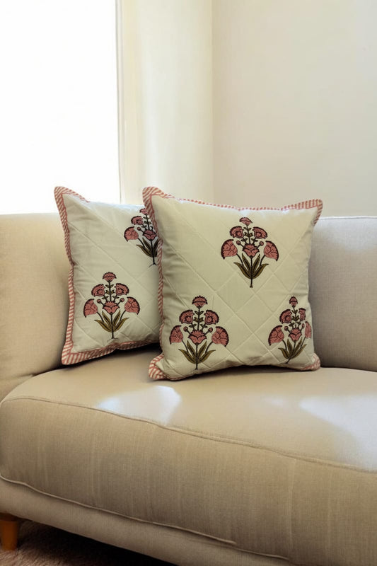 White Peach Floral Quilted Print Cushion Cover