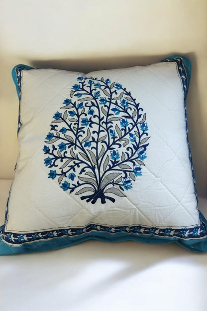 White and Blue Leaflet Quilted Handblock Cushion Cover