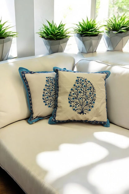 White and Blue Leaflet Quilted Handblock Cushion Cover