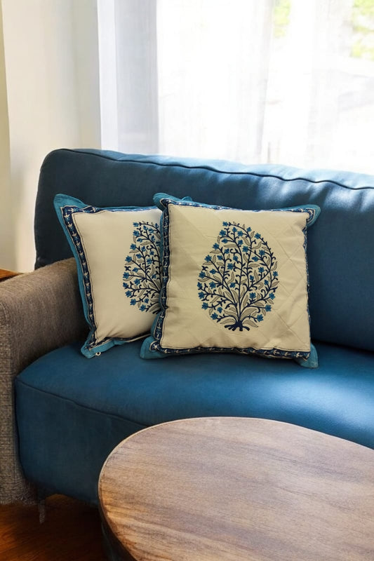 White and Blue Leaflet Quilted Handblock Cushion Cover