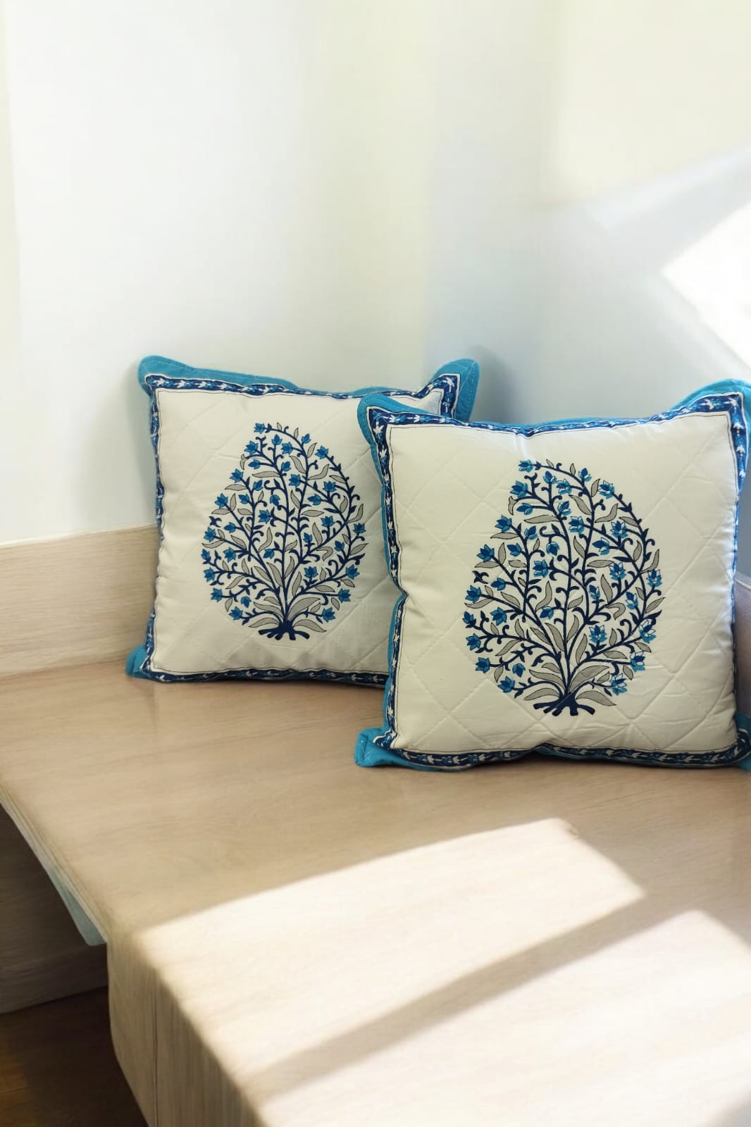 White and Blue Leaflet Quilted Handblock Cushion Cover