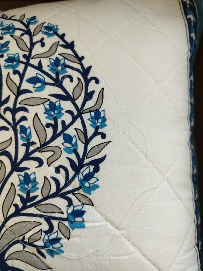 White and Blue Leaflet Quilted Handblock Cushion Cover