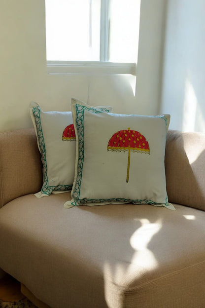 Umbrella  White And Red Handblock Cushion Cover SET OF 2