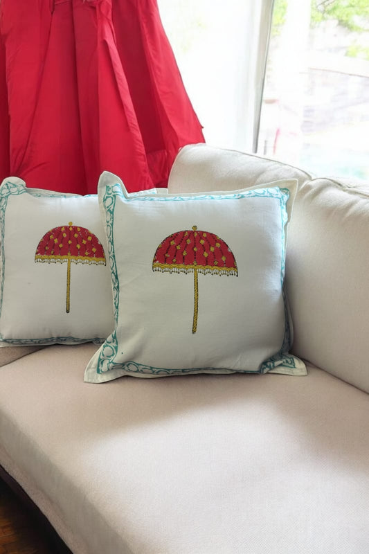 Umbrella  White And Red Handblock Cushion Cover SET OF 2