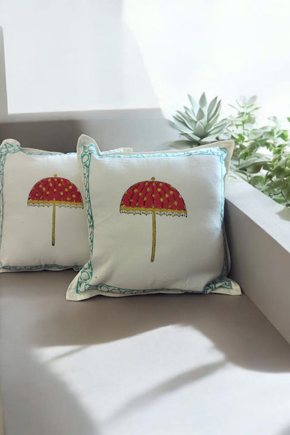Umbrella  White And Red Handblock Cushion Cover SET OF 2