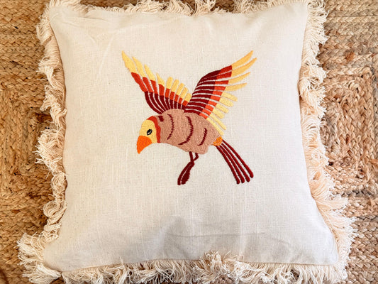 Boho Frill Bird Decorative Cushion Cover – Embroidered Throw Pillow for Cozy Home Décor