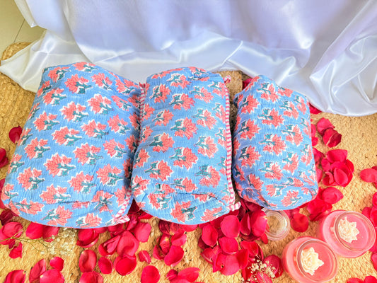 Premium Blue Red Floral Handblock Travel  Pouch Organizer  Set of 3