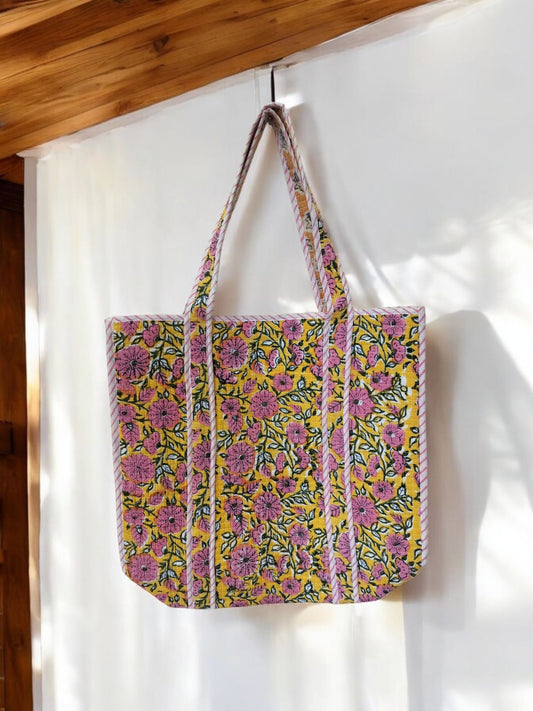 BLOCK N STYLE Yellow Floral Cotton Printed Tote Bag – Hand Block Quilted Floral Carry Bag for Women