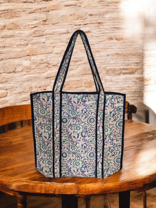 BLOCK N STYLE Blue Floral Cotton Printed Tote Bag – Quilted Handblock Women’s Shoulder and Shopping Bag