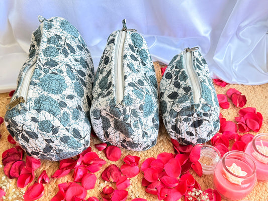 Blue Floral Handblock Travel  Pouch Organizer  Set of 3