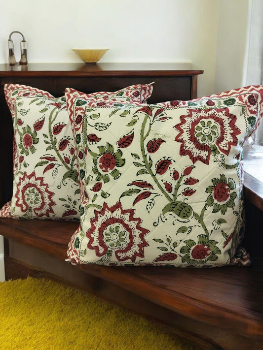 White Rose Floral Print Quilted Handblock Cushion Cover Set of 2