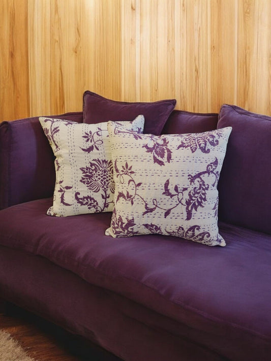 White Kantha Cushion Cover with Purple Flower Set of 2