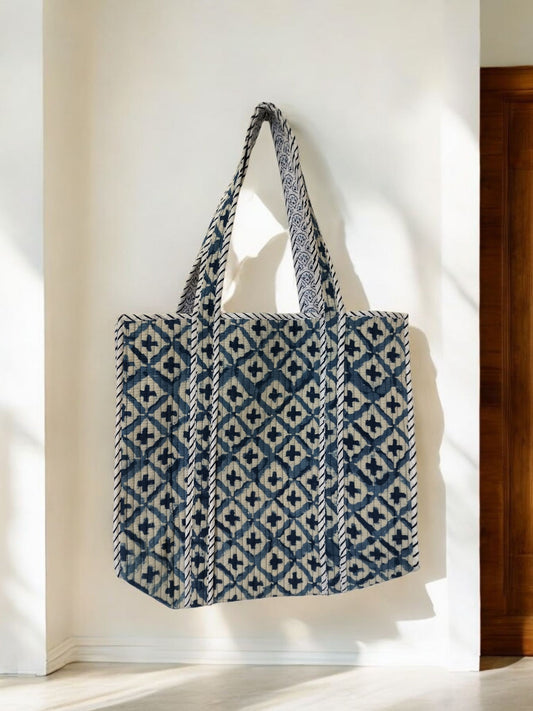 BLOCK N STYLE White Blue Floral Cotton Printed Tote Bag – Quilted Handblock Women’s Shoulder and Shopping Bag